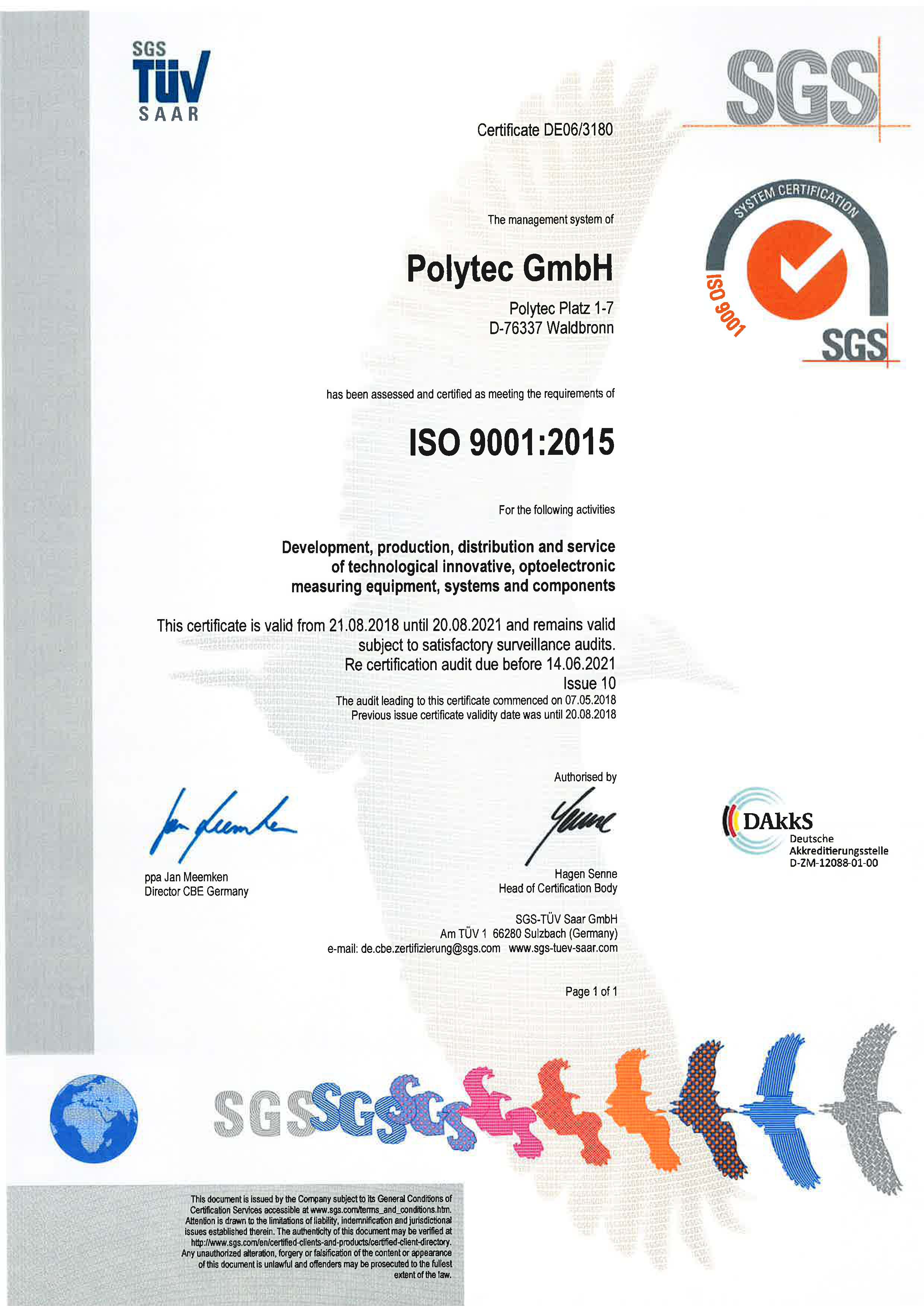 ISO 9001:2015質量管理體系認證證書